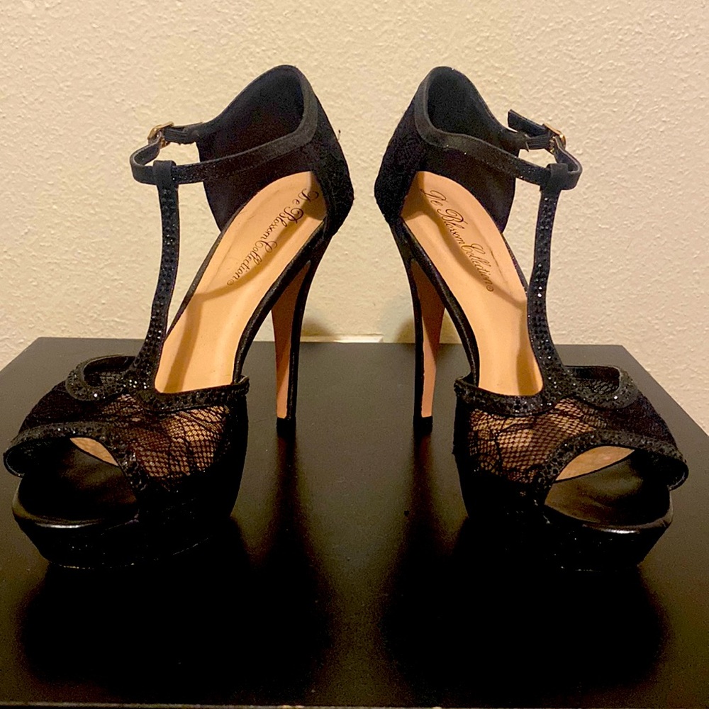 Black lace and bejeweled t strap heels